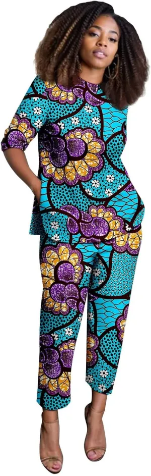 African Suits for Women Anakra Print Half Sleeve Top and Pants 2 Piece Set Outfits Dashiki Casual Tracksuit