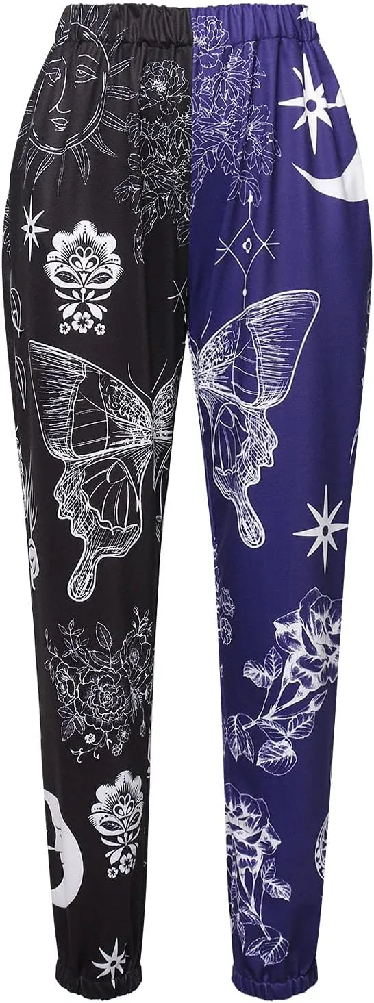 Amuver Women's Boho Hippie Harem Pants High Smocked Waist Printed Patchwork Sweatpants Yoga 90S Goth Baggy Casual Trousers