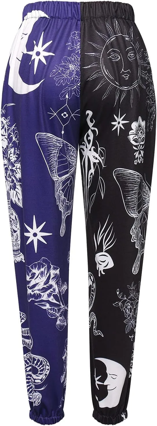 Amuver Women's Boho Hippie Harem Pants High Smocked Waist Printed Patchwork Sweatpants Yoga 90S Goth Baggy Casual Trousers