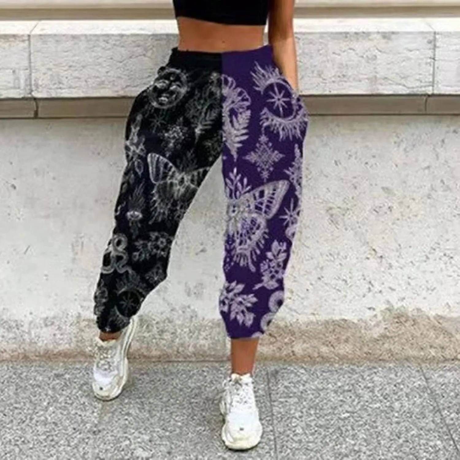 Amuver Women's Boho Hippie Harem Pants High Smocked Waist Printed Patchwork Sweatpants Yoga 90S Goth Baggy Casual Trousers