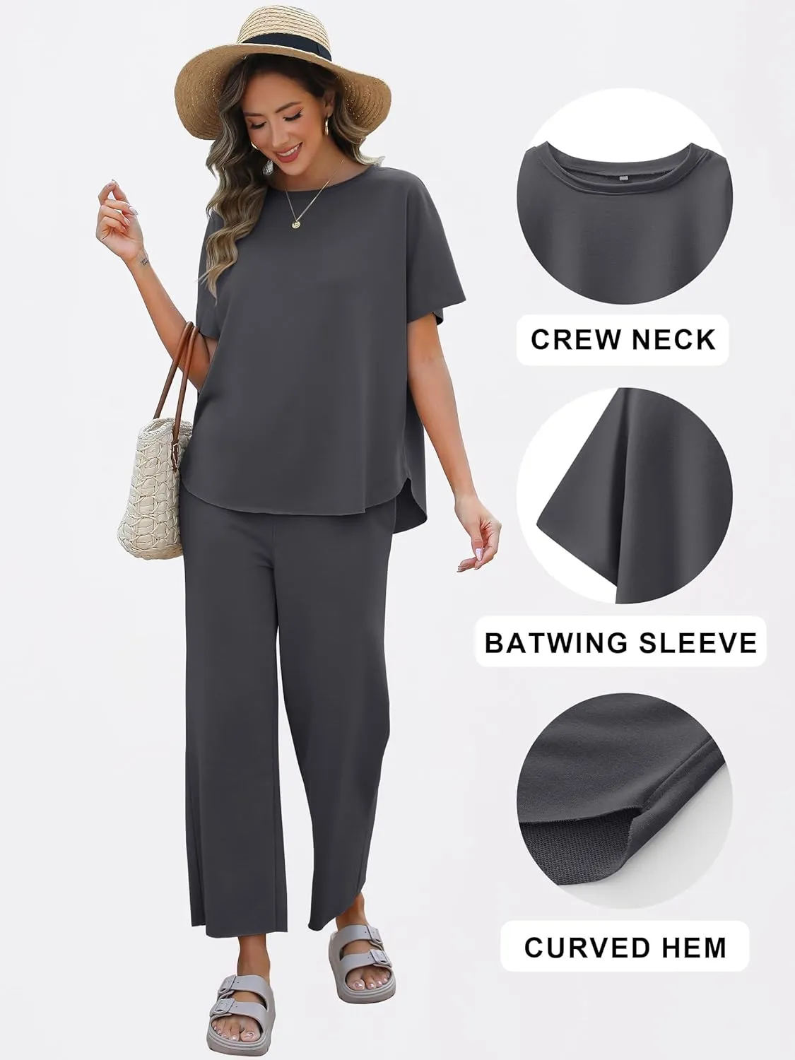 ANRABESS Women's 2 Piece Outfits 3/4 Batwing Sleeve Top Wide Leg Crop Pants Sets 2025 Summer Beach Travel Lounge Set Clothes