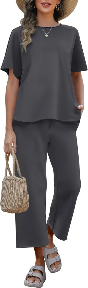ANRABESS Women's 2 Piece Outfits 3/4 Batwing Sleeve Top Wide Leg Crop Pants Sets 2025 Summer Beach Travel Lounge Set Clothes