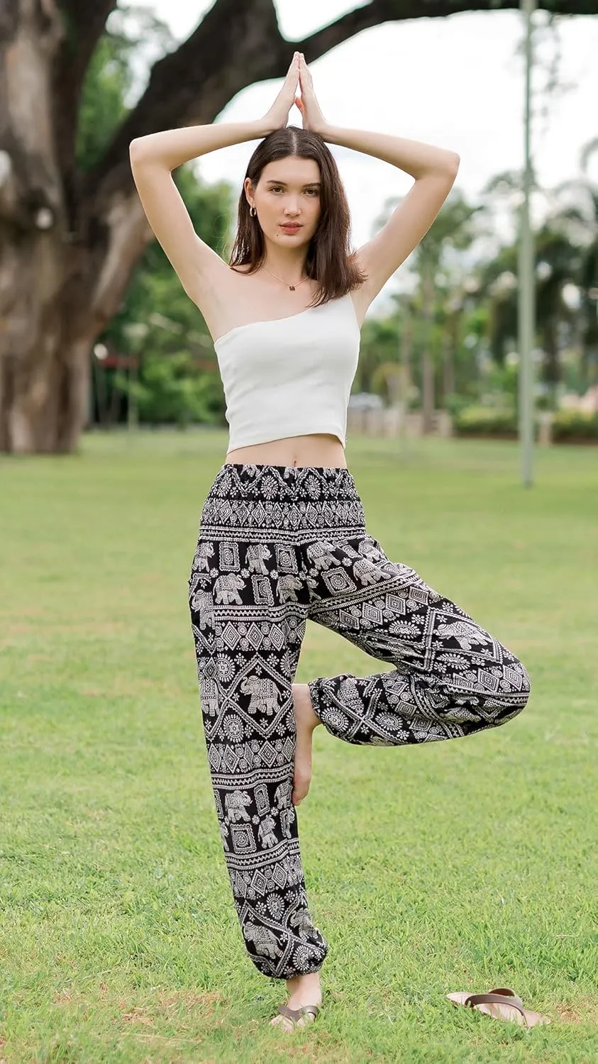 Banjamath Women's Smocked Waist Harem Hippie Boho Yoga Palazzo Casual Pants