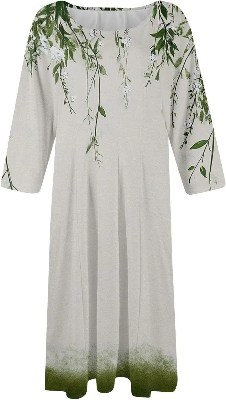 Beach Dresses for Women Summer 3/4 Sleeve Wrap Dress High Waist Plus Size Floral Dress Spring Flowy Dress with Pocket