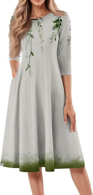 Beach Dresses for Women Summer 3/4 Sleeve Wrap Dress High Waist Plus Size Floral Dress Spring Flowy Dress with Pocket