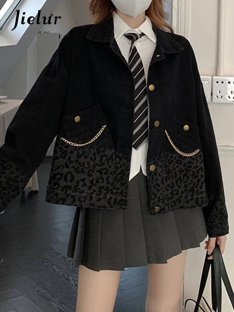Black Vintage Leopard Print Denim Coat for Women Autumn Korean New Fashion Short Jacket Women High Street Coats S-XL
