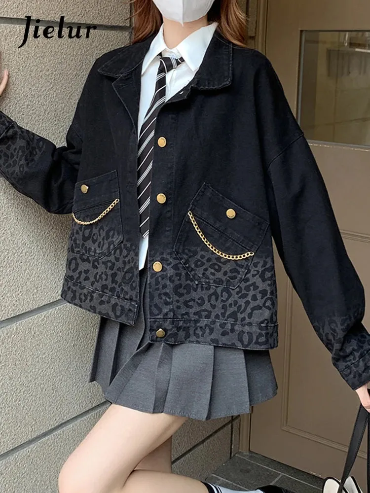 Black Vintage Leopard Print Denim Coat for Women Autumn Korean New Fashion Short Jacket Women High Street Coats S-XL