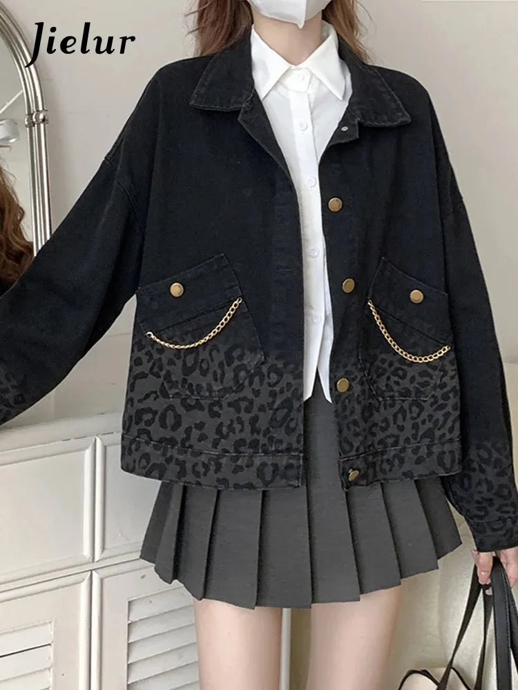 Black Vintage Leopard Print Denim Coat for Women Autumn Korean New Fashion Short Jacket Women High Street Coats S-XL