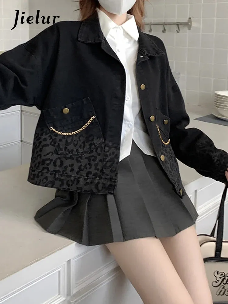 Black Vintage Leopard Print Denim Coat for Women Autumn Korean New Fashion Short Jacket Women High Street Coats S-XL