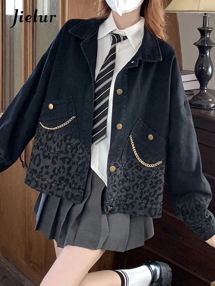 Black Vintage Leopard Print Denim Coat for Women Autumn Korean New Fashion Short Jacket Women High Street Coats S-XL