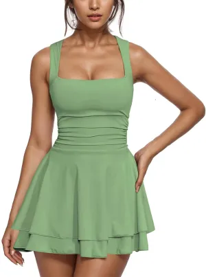 Borniu Women's Square Neck Ruffle Hem Mini Dress Ruched Waist Short Party Summer Casual Sleeveless Dresses Flowy Outfits