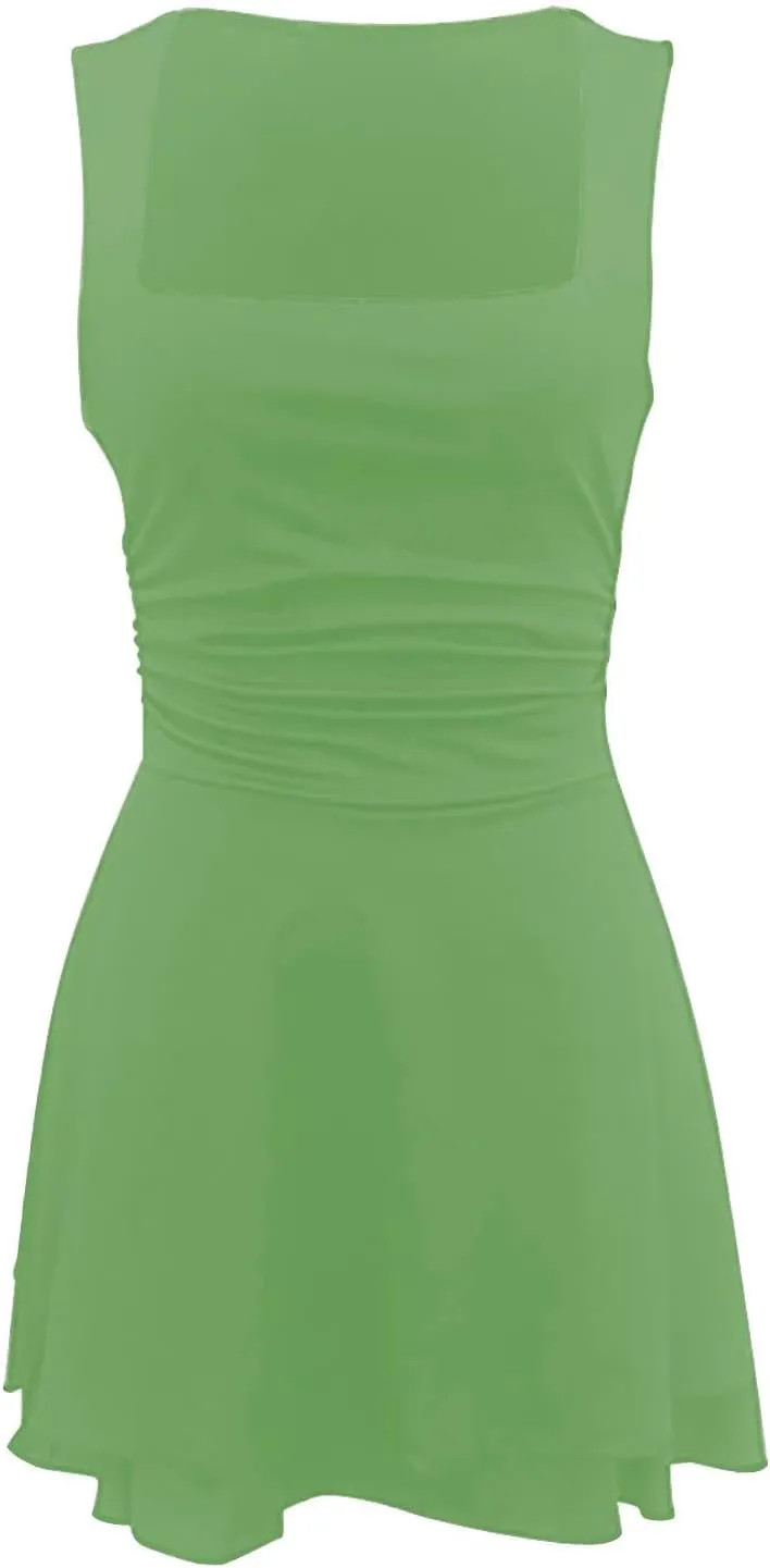 Borniu Women's Square Neck Ruffle Hem Mini Dress Ruched Waist Short Party Summer Casual Sleeveless Dresses Flowy Outfits