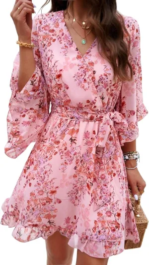 Chiffon Dresses for Women-2025 Summer Elegant Bohemian Half Sleeve V Neck Ruffle Dress Tie Waist Midi A Line Dress