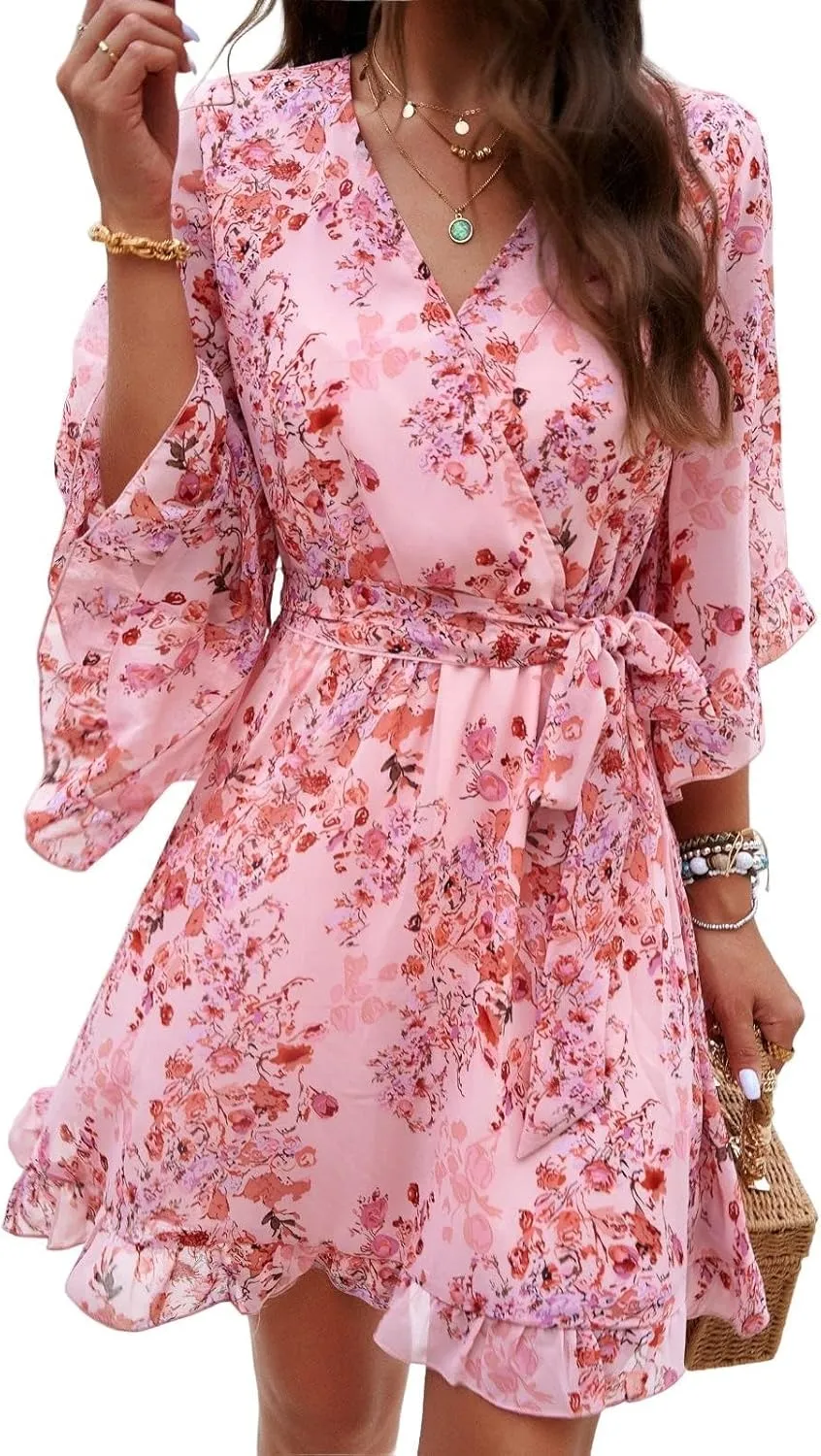 Chiffon Dresses for Women-2025 Summer Elegant Bohemian Half Sleeve V Neck Ruffle Dress Tie Waist Midi A Line Dress