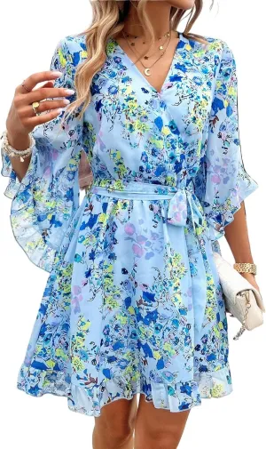 Chiffon Dresses for Women-2025 Summer Elegant Bohemian Half Sleeve V Neck Ruffle Dress Tie Waist Midi A Line Dress