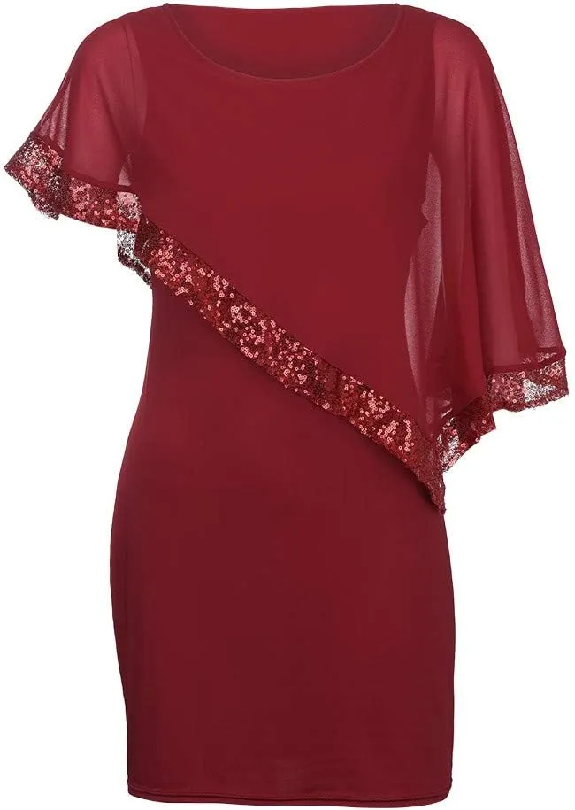 Cocktail Party Dress Women Elegant Cape Sleeve Chiffon Evening Dress Sleeveless Wedding Guest Pencil Dress Plus Size