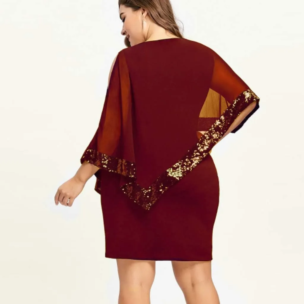 Cocktail Party Dress Women Elegant Cape Sleeve Chiffon Evening Dress Sleeveless Wedding Guest Pencil Dress Plus Size