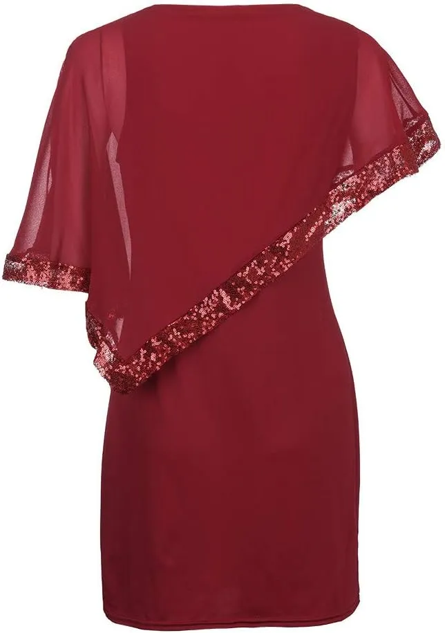 Cocktail Party Dress Women Elegant Cape Sleeve Chiffon Evening Dress Sleeveless Wedding Guest Pencil Dress Plus Size