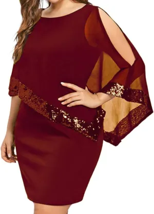 Cocktail Party Dress Women Elegant Cape Sleeve Chiffon Evening Dress Sleeveless Wedding Guest Pencil Dress Plus Size