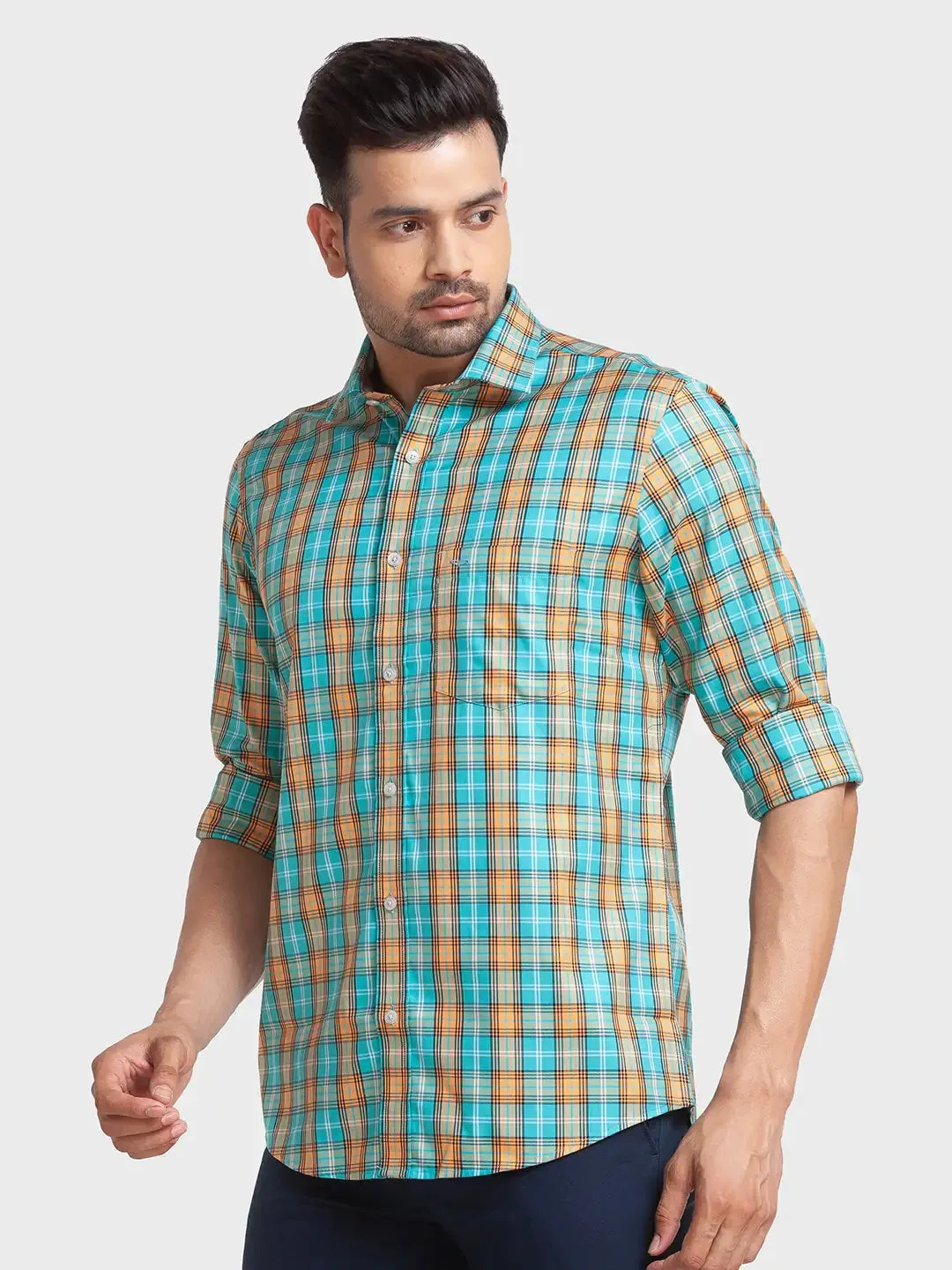 Colorplus Men Green Checks Tailored Fit Cotton Casual Shirt