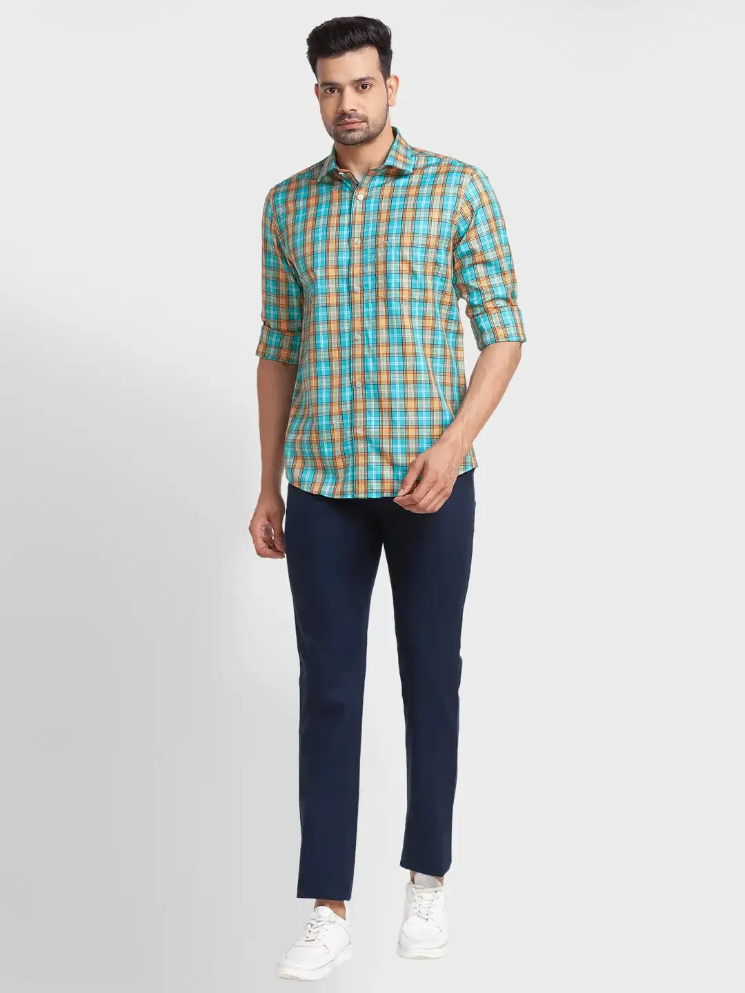 Colorplus Men Green Checks Tailored Fit Cotton Casual Shirt