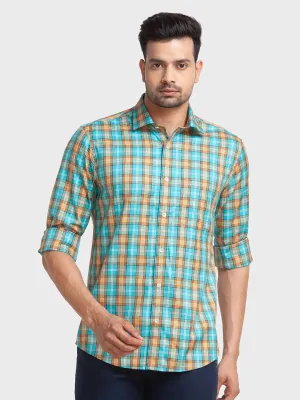 Colorplus Men Green Checks Tailored Fit Cotton Casual Shirt