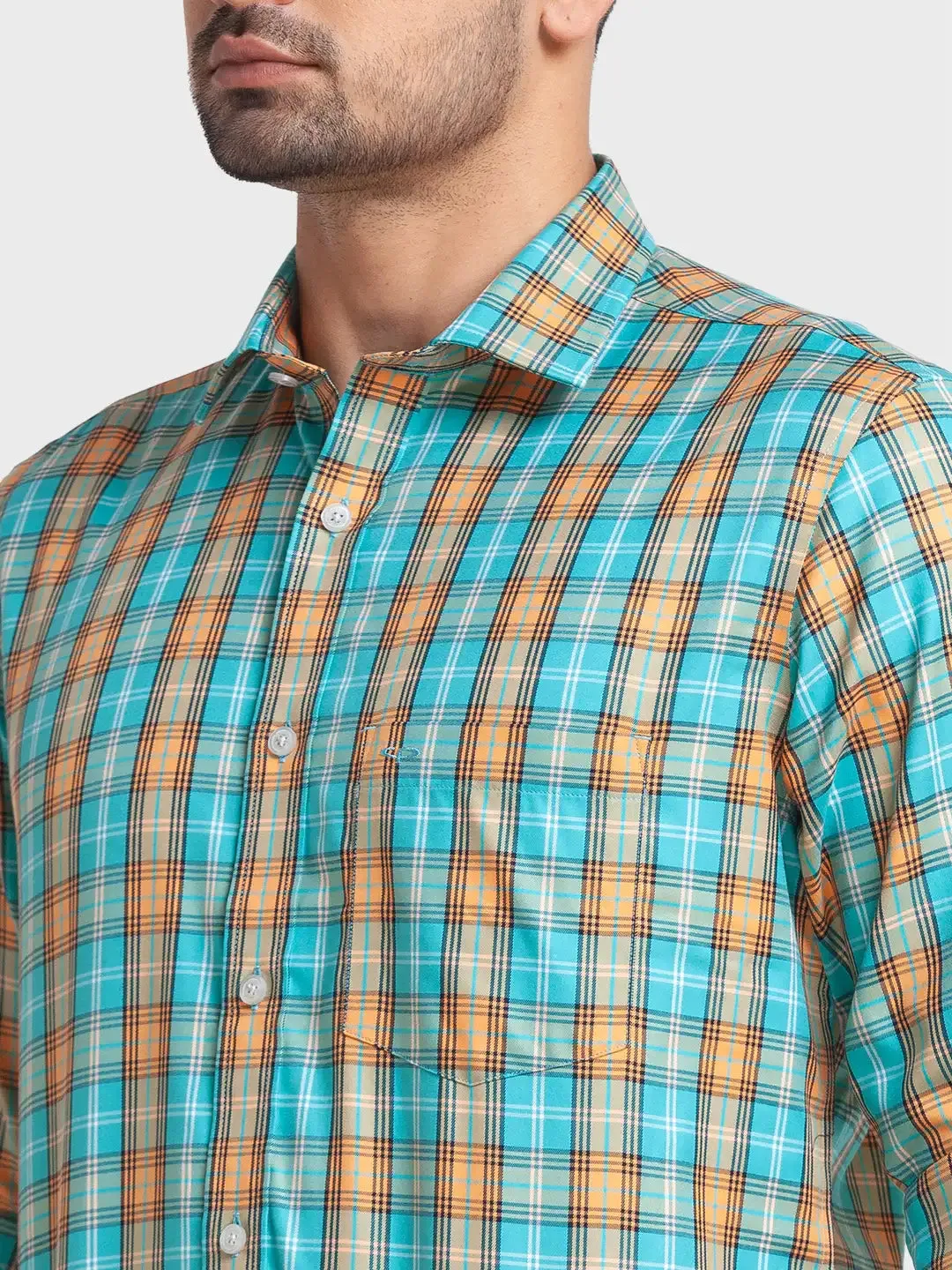 Colorplus Men Green Checks Tailored Fit Cotton Casual Shirt