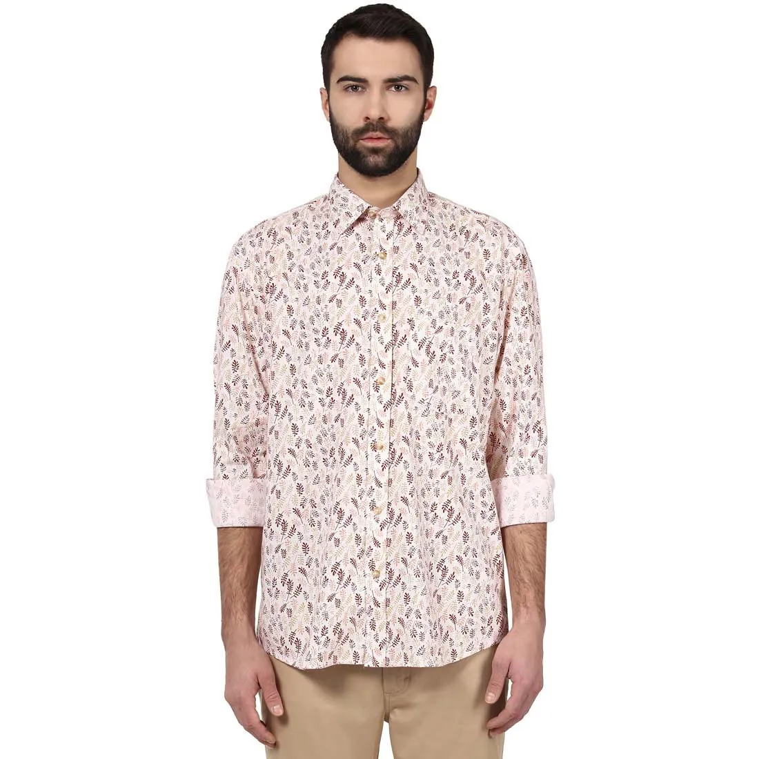 Colorplus Men Orange Print Tailored Fit Cotton Full Sleeve Shirt