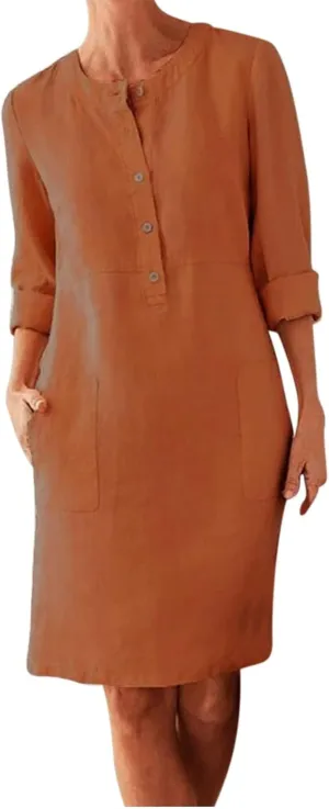 Cotton Linen Dress for Women Casual Button Up Long Sleeve Midi Dresses Work Vacation Plus Size Pockets Dress M-5XL