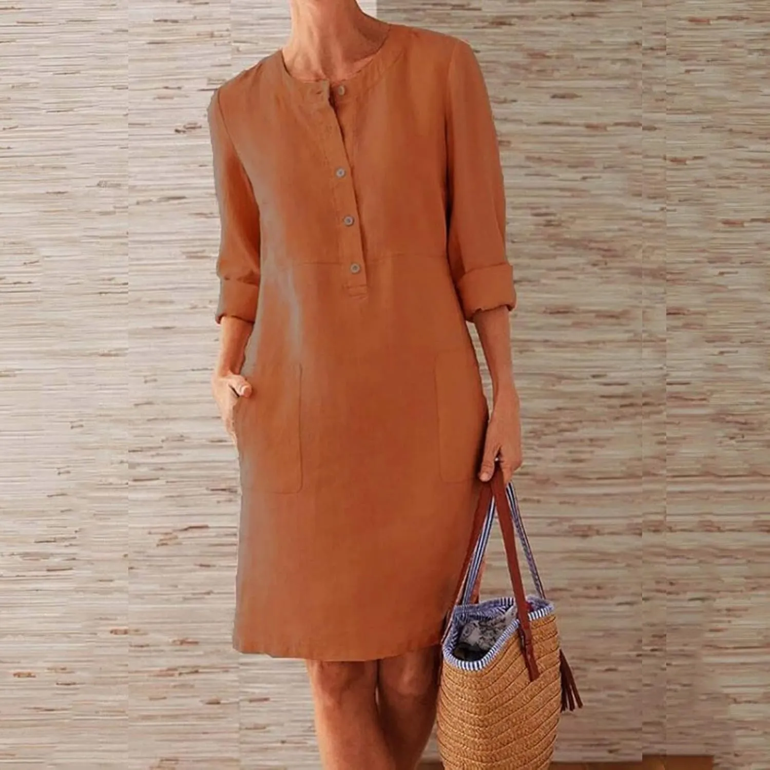 Cotton Linen Dress for Women Casual Button Up Long Sleeve Midi Dresses Work Vacation Plus Size Pockets Dress M-5XL