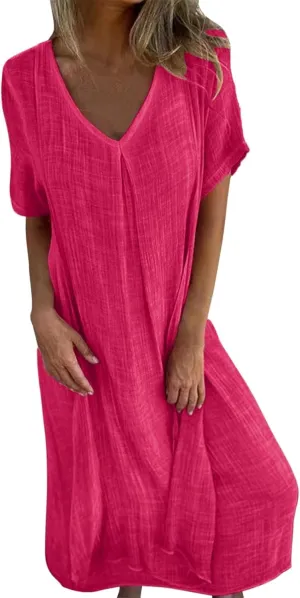 Cotton Linen V-Neck Midi Dress, 2025 Summer Casual Loose Dress Solid Flowy Bohemian Beach Dresses