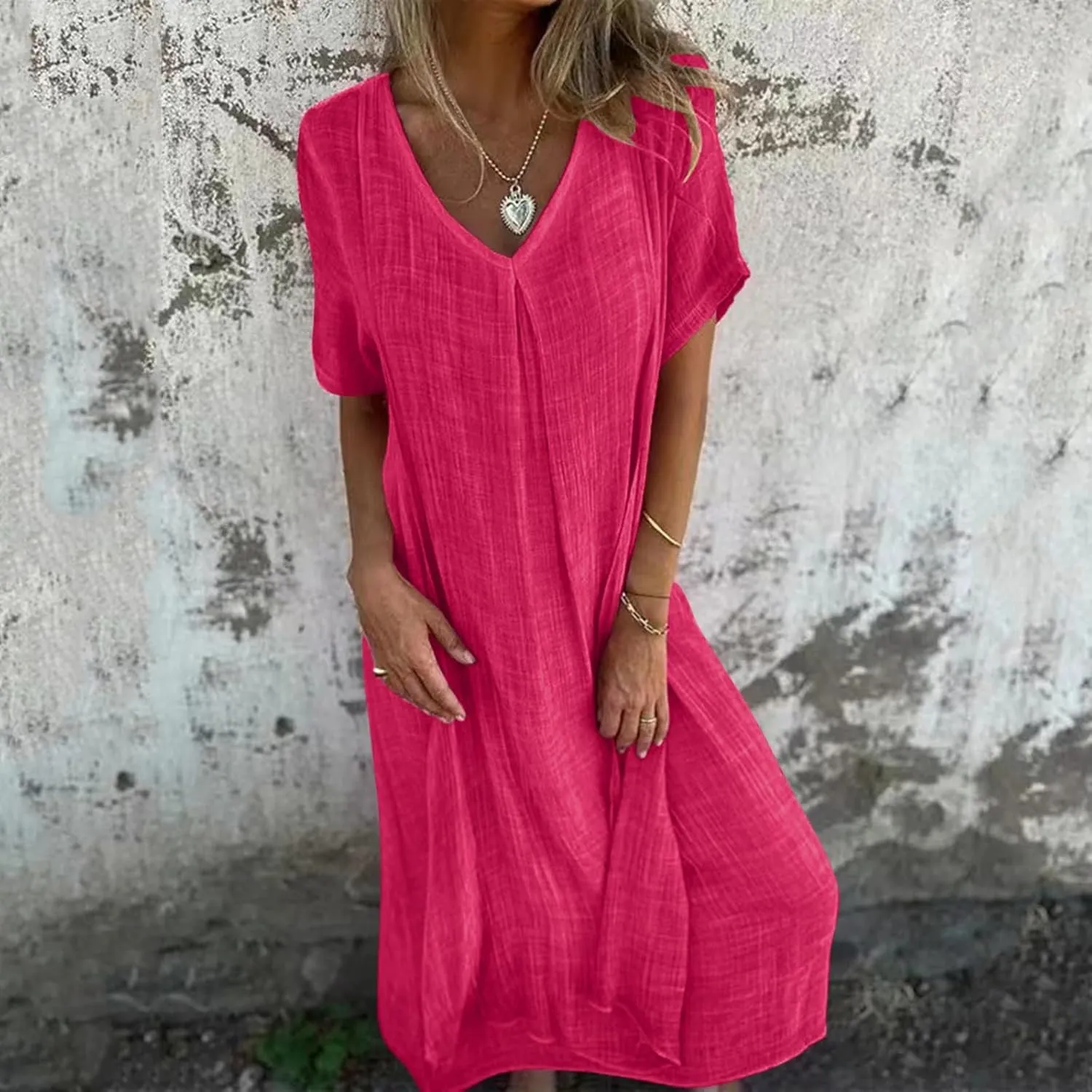 Cotton Linen V-Neck Midi Dress, 2025 Summer Casual Loose Dress Solid Flowy Bohemian Beach Dresses