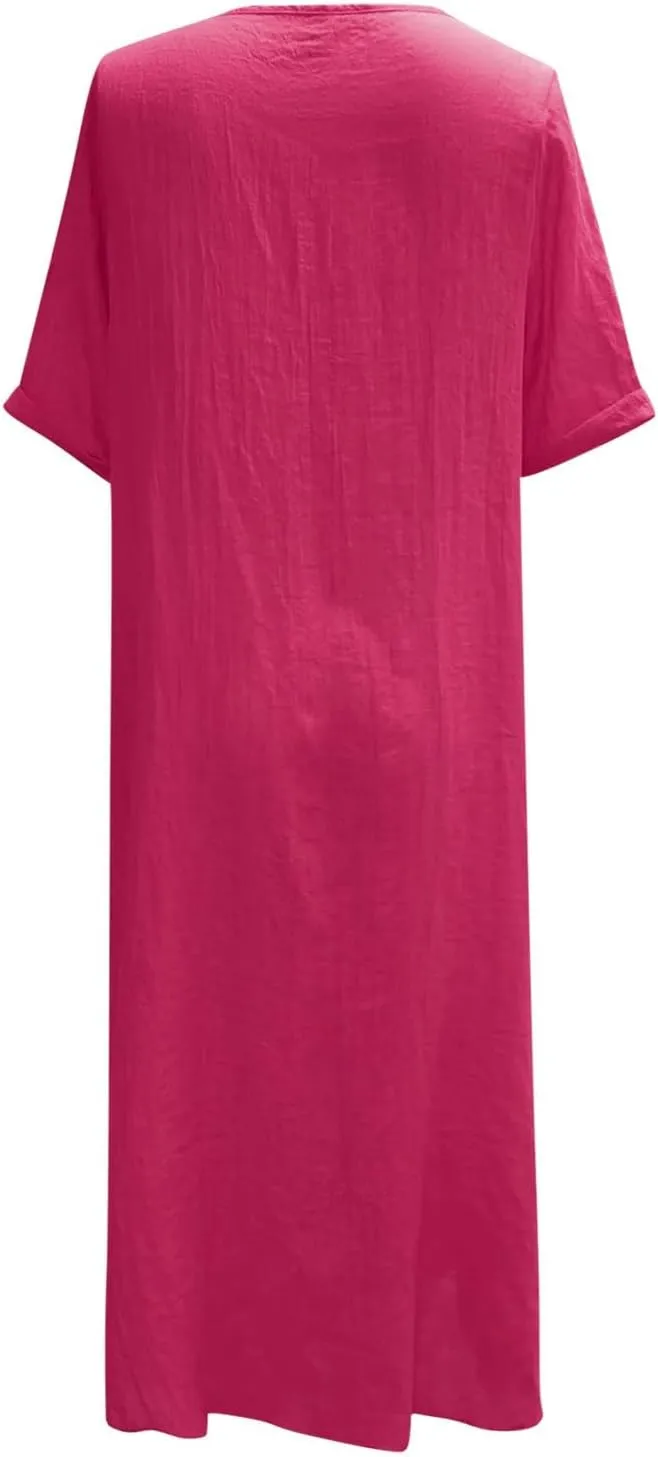 Cotton Linen V-Neck Midi Dress, 2025 Summer Casual Loose Dress Solid Flowy Bohemian Beach Dresses