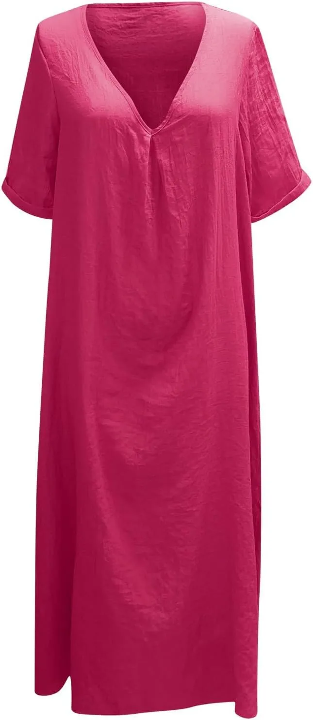 Cotton Linen V-Neck Midi Dress, 2025 Summer Casual Loose Dress Solid Flowy Bohemian Beach Dresses
