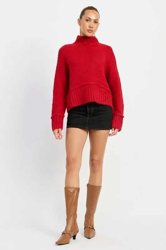 Cozy Light Blue Turtle Neck Sweater with Ribbed Hem