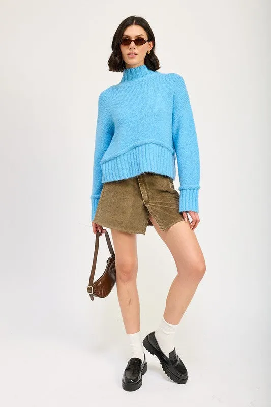 Cozy Light Blue Turtle Neck Sweater with Ribbed Hem