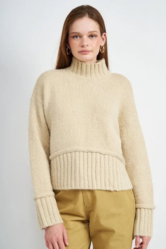 Cozy Light Blue Turtle Neck Sweater with Ribbed Hem