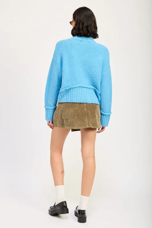 Cozy Light Blue Turtle Neck Sweater with Ribbed Hem
