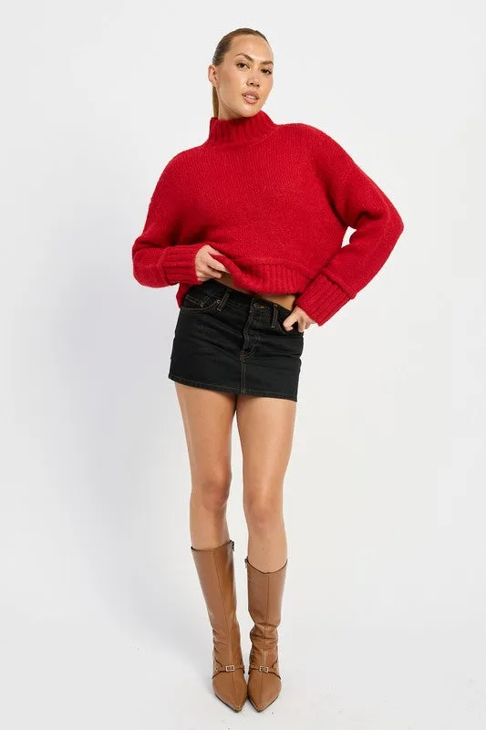 Cozy Light Blue Turtle Neck Sweater with Ribbed Hem