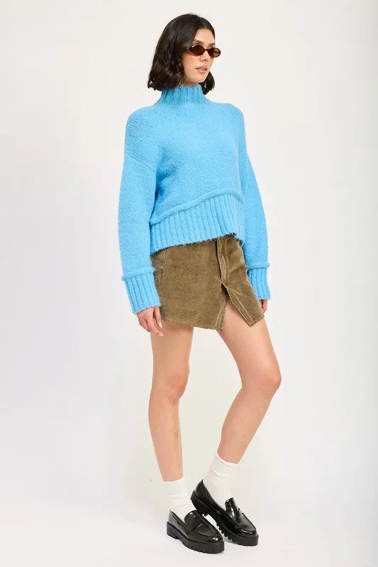 Cozy Light Blue Turtle Neck Sweater with Ribbed Hem