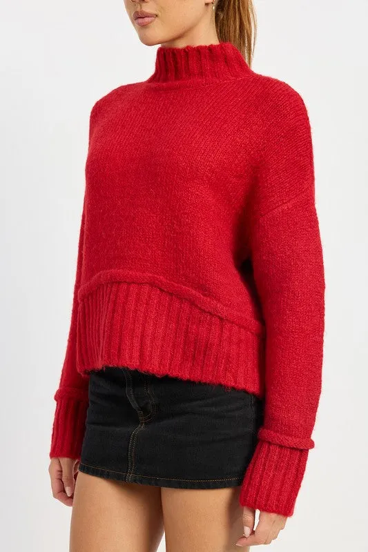 Cozy Light Blue Turtle Neck Sweater with Ribbed Hem