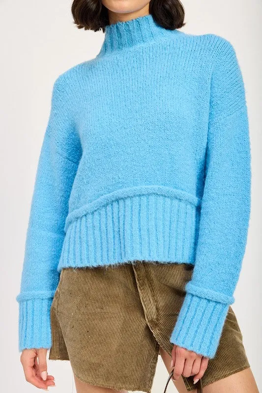 Cozy Light Blue Turtle Neck Sweater with Ribbed Hem