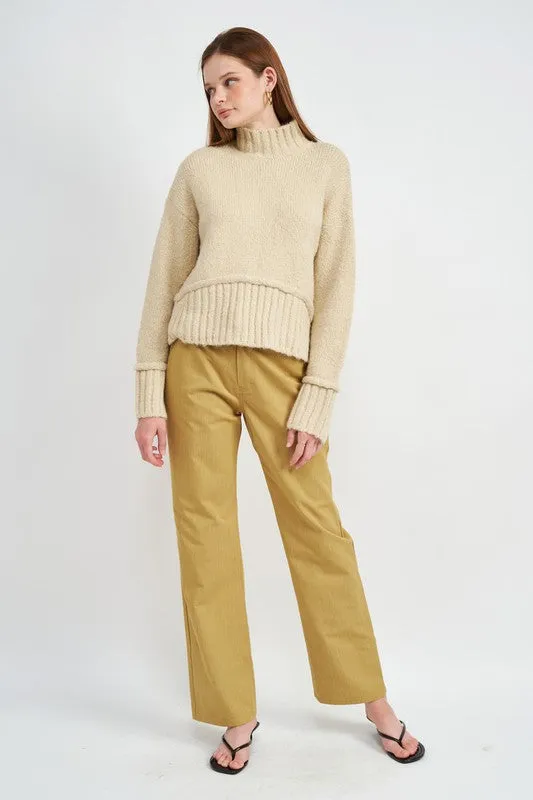 Cozy Light Blue Turtle Neck Sweater with Ribbed Hem