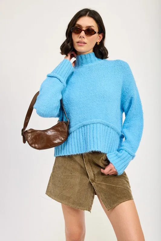 Cozy Light Blue Turtle Neck Sweater with Ribbed Hem