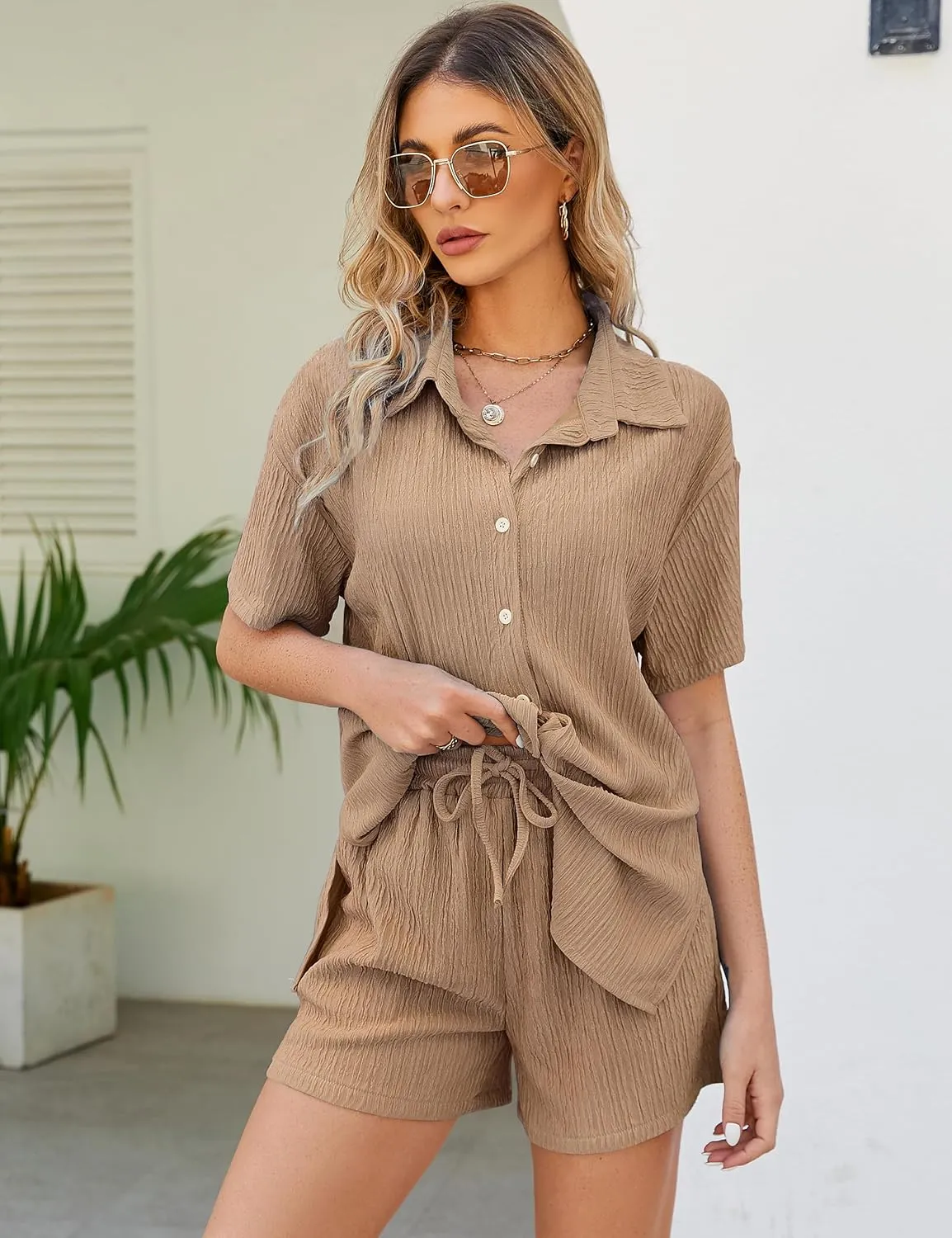 COZYPOIN Women 2 Piece Outfits Casual Short Sleeve Button Blouse and High Waist Shorts Y2K Loungewear