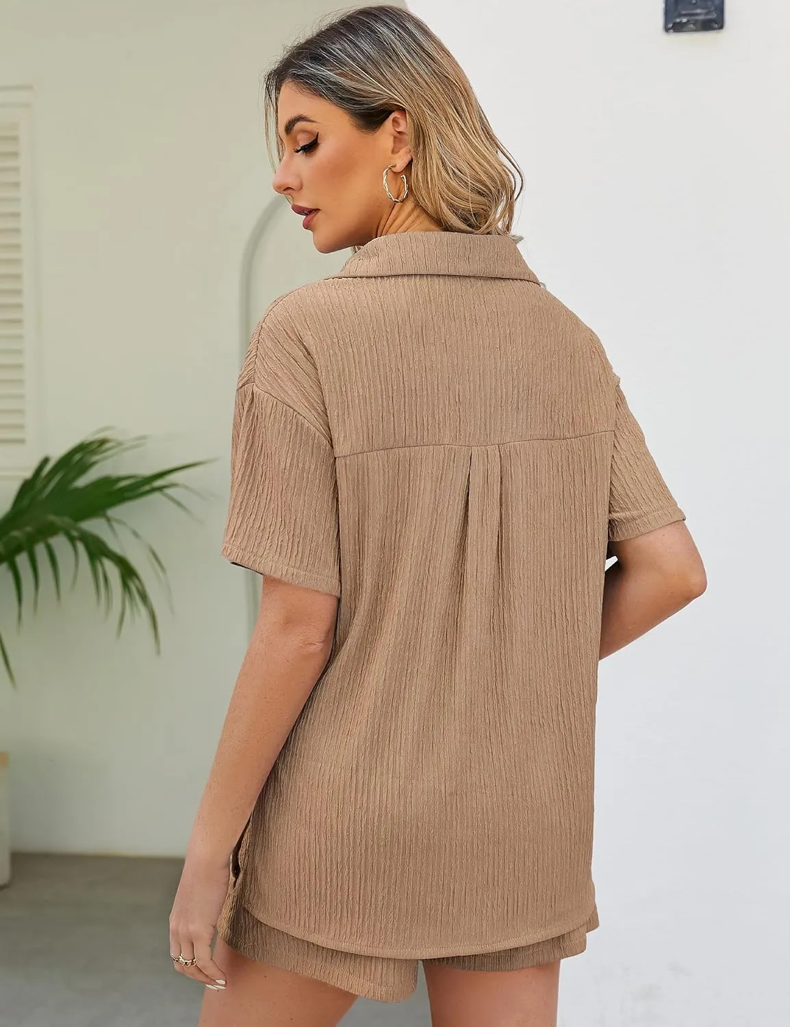 COZYPOIN Women 2 Piece Outfits Casual Short Sleeve Button Blouse and High Waist Shorts Y2K Loungewear