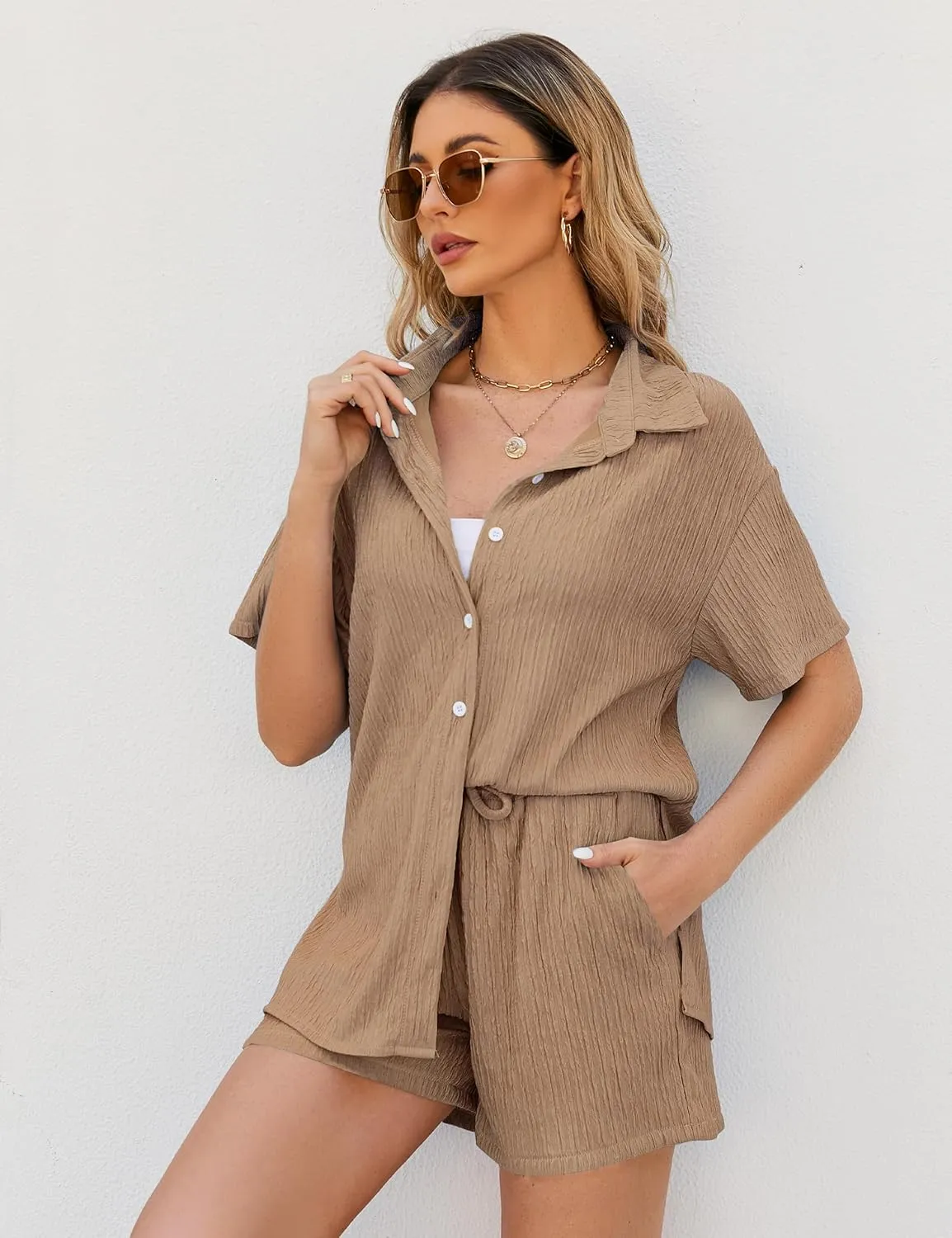COZYPOIN Women 2 Piece Outfits Casual Short Sleeve Button Blouse and High Waist Shorts Y2K Loungewear