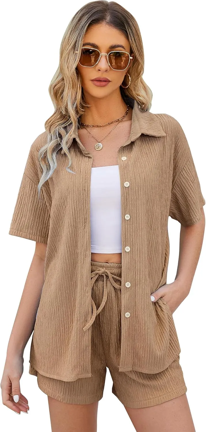 COZYPOIN Women 2 Piece Outfits Casual Short Sleeve Button Blouse and High Waist Shorts Y2K Loungewear