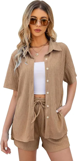 COZYPOIN Women 2 Piece Outfits Casual Short Sleeve Button Blouse and High Waist Shorts Y2K Loungewear
