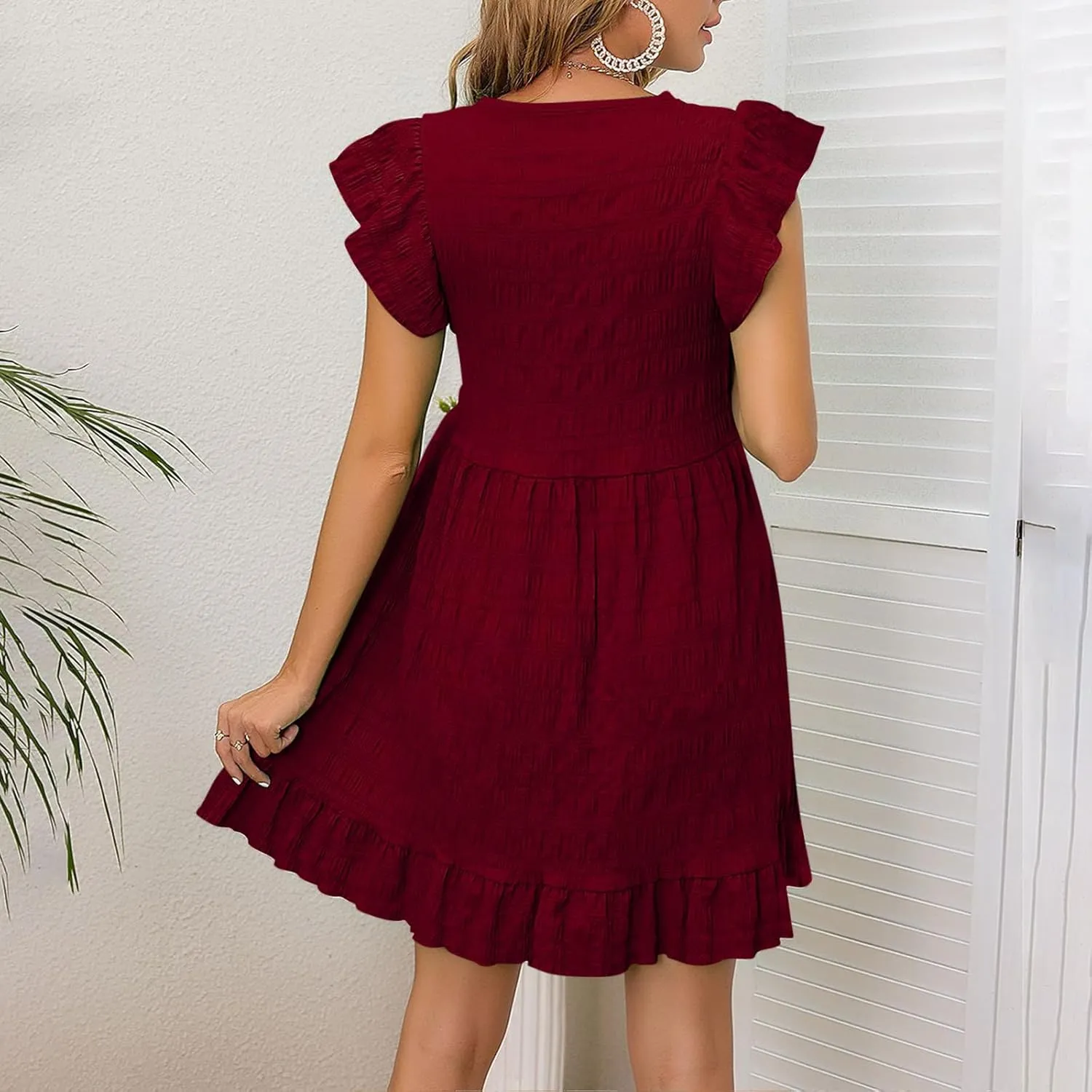 Cute Summer Mini Dress for Women Fashion Ruffle Sleeve Solid Dresses Casual Loose Fit Pleated Beach Vacation Dress